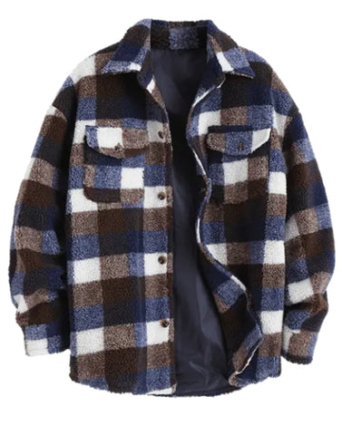 (Preorders closed) SLFE. Teddy Plaid Pattern Button up Shacket (Peacock Blue) (unisex)