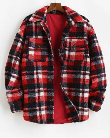 (Preorders closed) SLFE. Teddy Plaid Pattern Button up Shacket (Red) (unisex)