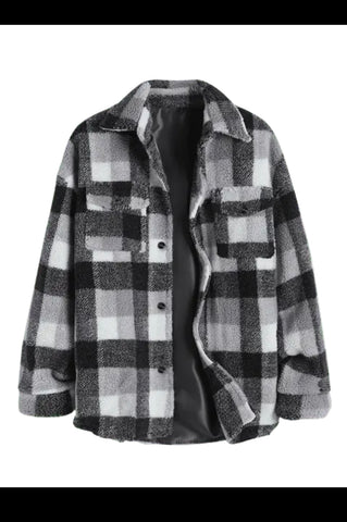 (Preorders closed) SLFE. Teddy Plaid Pattern Button up Shacket (Black) (unisex)