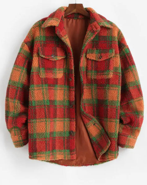 (Preorders closed) SLFE. Teddy Plaid Pattern Button up Shacket (Dark Orange) (unisex)